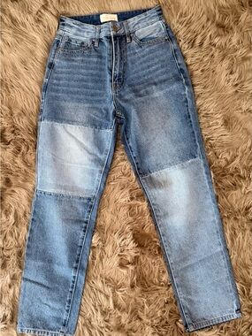 Gilded Intent Patchwork Light and Medium Blue Straight Leg Jeans Size 25